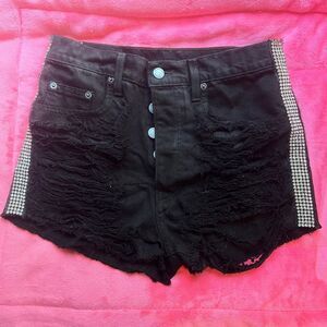 LF Carmar Black Frayed High Waist Denim Shorts Jeans Stripe Rhinestone Bling 27